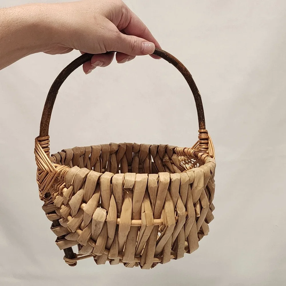 Handcrafted Eye of God Rustic Woven Footed Basket Natural Fiber Branch 9.5in